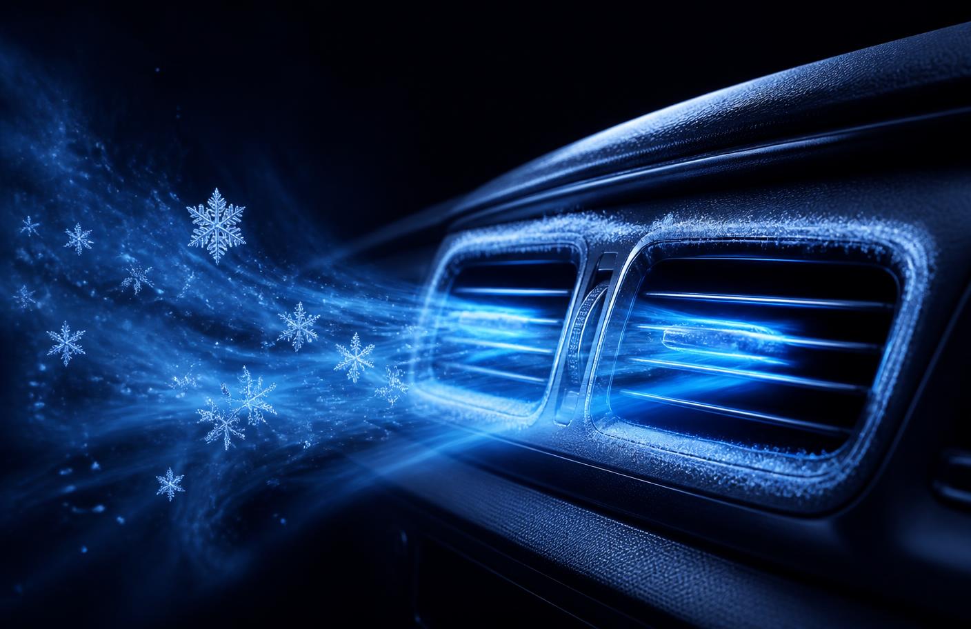 Car dashboard air vents blowing icy blue air with snowflakes