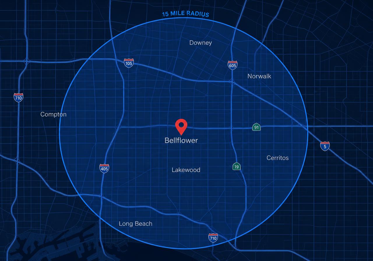 Map showing the approximate 15-mile mobile service radius around Bellflower, California.